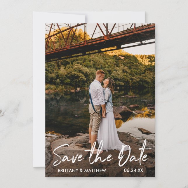 Handwritten Script Save the Date Couple Photo Card (Front)
