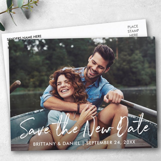 Handwritten Script Save The New Date Photo Postcard (Customize to change your personalized text size or text style.)
