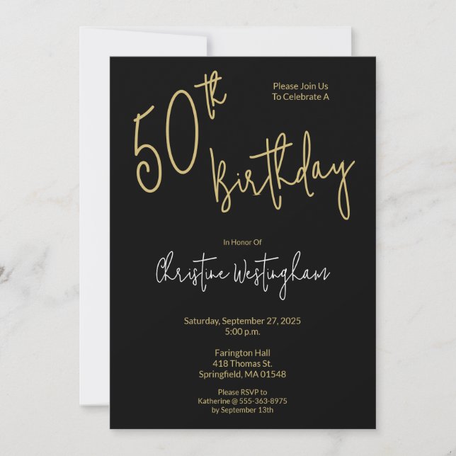 Handwritten Script Simple Black Gold 50th Birthday Invitation (Front)