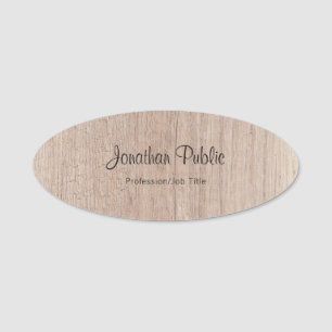 Handwritten Script Text Template Elegant Wood Look Name Tag