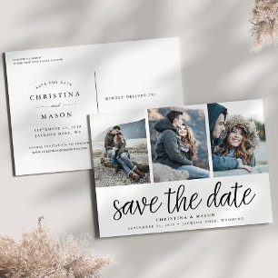 Handwritten Script Three Photo Save the Date Announcement Postcard