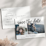Handwritten Script Two Photo Save the Date Announcement Postcard<br><div class="desc">A modern save the date postcard designed to accommodate two of your favourite engagement photos. "Save the date" appears above your photos in black handwritten style script lettering, with your names, wedding date and wedding location beneath Postcards reverse to show additional save the date details, including your wedding website, with...</div>