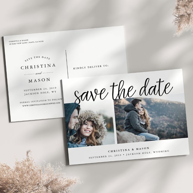 Handwritten Script Two Photo Save the Date Announcement Postcard (Creator Uploaded)