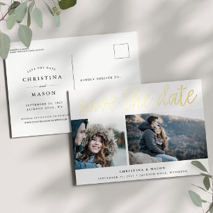 Handwritten Script Two Photo Save the Date Foil Invitation Postcard