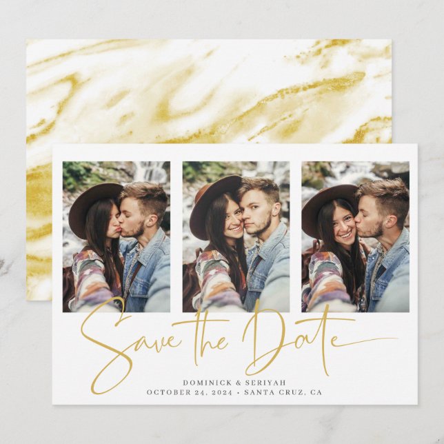 Handwritten Script Typopgraphy Gold Marble Save The Date (Front/Back)