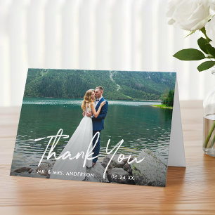 Handwritten Script Wedding Photo Fold Thank You Card