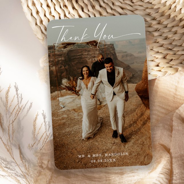 Handwritten Script Wedding Photo  Thank You Card Magnet (Creator Uploaded)
