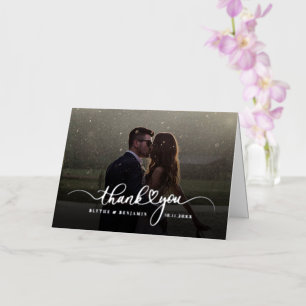 Handwritten Script Wedding Photo Thank You Silver Foil Greeting Card