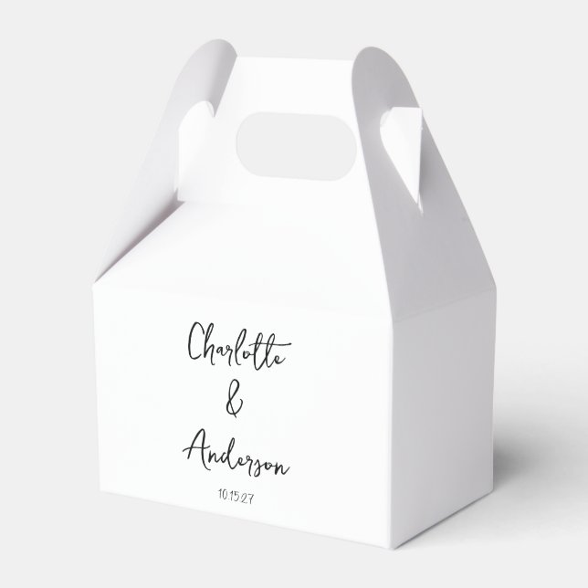 Handwritten Script Whimsical White Custom Wedding Favor Box (Front Side)