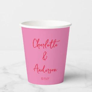 Handwritten Script Whimsy Pink Red Custom Wedding Paper Cups