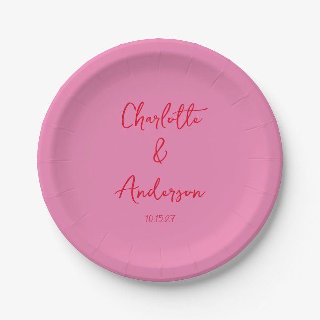 Handwritten Script Whimsy Pink Red Custom Wedding Paper Plate (Front)
