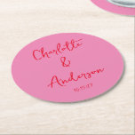Handwritten Script Whimsy Pink Red Custom Wedding Round Paper Coaster<br><div class="desc">Handwritten Script Quirky Whimsy Wedding Custom Round Paper Coaster in Pink and Red</div>