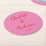 Handwritten Script Whimsy Pink Red Custom Wedding Round Paper Coaster<br><div class="desc">Handwritten Script Quirky Whimsy Wedding Custom Round Paper Coaster in Pink and Red</div>