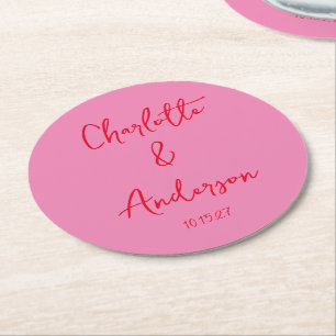 Handwritten Script Whimsy Pink Red Custom Wedding Round Paper Coaster