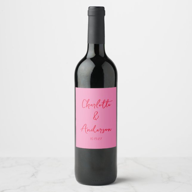 Handwritten Script Whimsy Pink Red Custom Wedding Wine Label (Front)