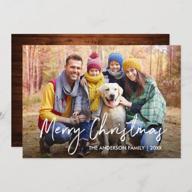 Handwritten Script Wood Merry Christmas Photo Holiday Card (Front/Back)