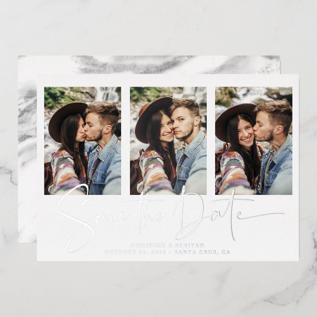 Handwritten Silver Foil Marble Save the Date (Front/Back)