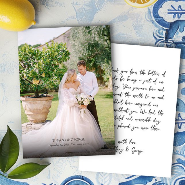Handwritten Thank You Card with Wedding Photo (Handwritten print thank you card with wedding photo by Darling & May)
