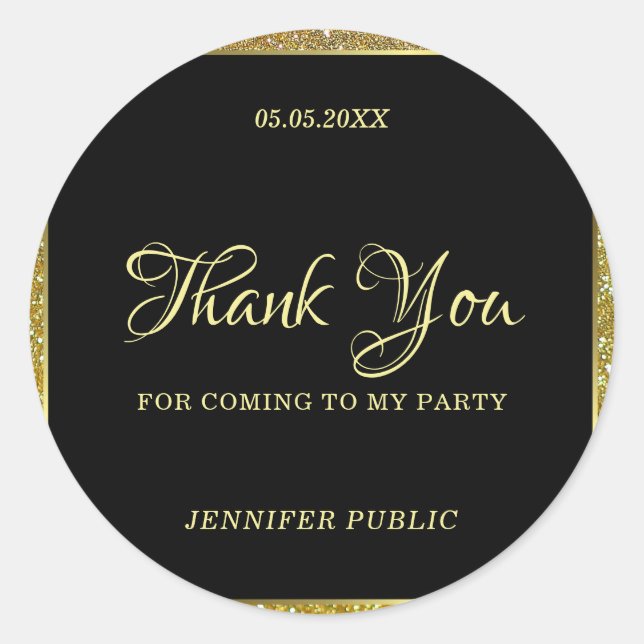 Handwritten Thank You Text Gold Glitter Template Classic Round Sticker (Front)
