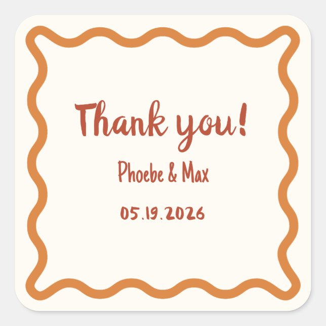 Handwritten Wavy Border Thank You 70s Wedding  Square Sticker (Front)