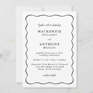 Handwritten Wedding Black Wavy Border All In One Invitation