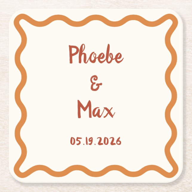 Handwritten Whimsical Wavy Border 70s Wedding  Square Paper Coaster (Front)