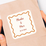 Handwritten Whimsical Wavy Border 70s Wedding  Square Sticker<br><div class="desc">This design features a simple,  whimsical,  hand-drawn style wavy border. The font used for the main text is casual and playful,  with a handwritten quality to it,  giving it a personal,  intimate touch. Use this design if you want prioritize a friendly and approachable vibe to your wedding over formality.</div>