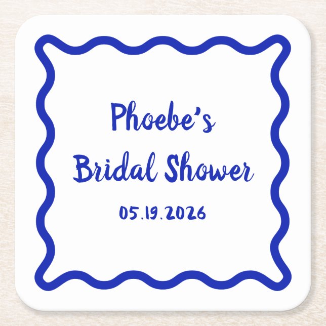 Handwritten Whimsical Wavy Border Bridal Shower Square Paper Coaster (Front)