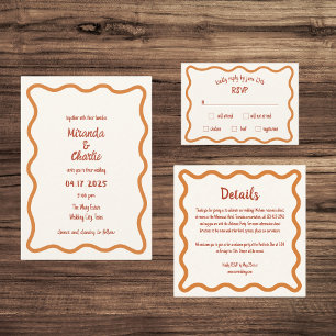 Handwritten Whimsical Wavy Border Fun 70s Wedding Invitation