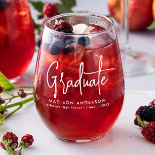 Handwritten White Script Graduation Stemless Wine Glass