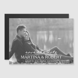 Handwritten White Script Save the Date Photo Magnetic Invitation