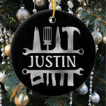 Handy Man Tools Monogram Personalized    Ceramic Ornament<br><div class="desc">This design may be personalized by choosing the Edit Design option. You may also transfer onto other items. Contact me at colorflowcreations@gmail.com or use the chat option at the top of the page if you wish to have this design on another product or need assistance. See more of my designs...</div>