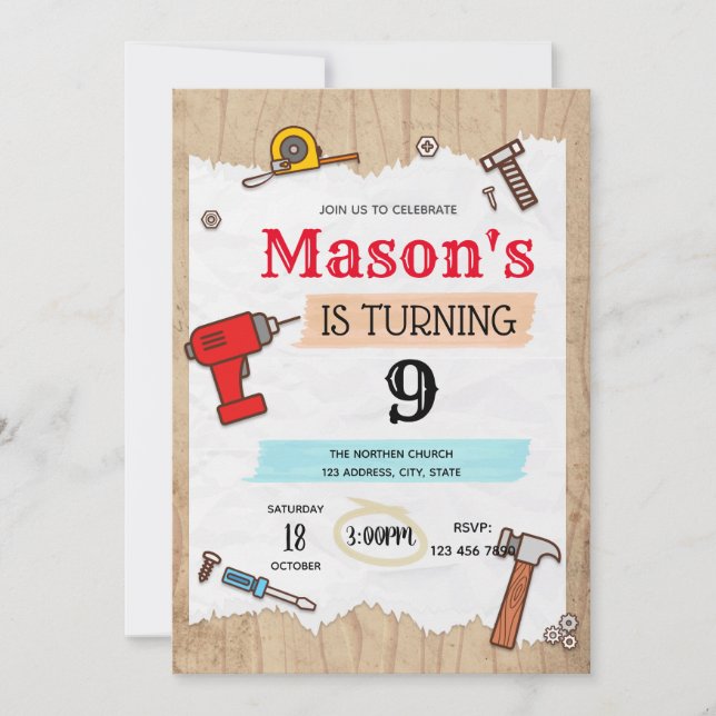 Handyman birthday party invitation (Front)
