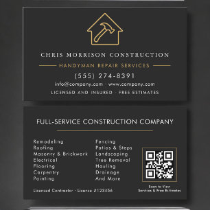 Handyman Construction Black Gold QR Code Business Card