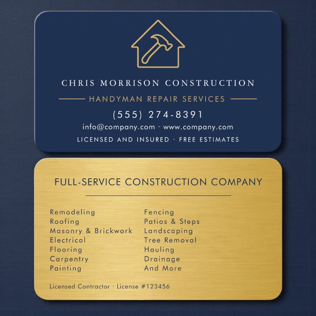 Handyman Construction Metal Gold Navy Blue  Business Card (Creator Uploaded)