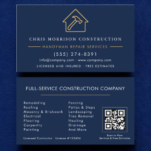 Handyman Construction Navy Blue Gold QR Code Business Card