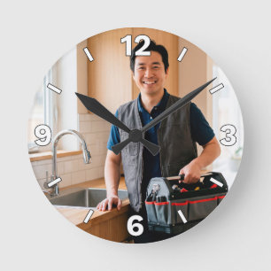 Handyman Holding Tool Box Kitchen Repair Home Deco Round Clock