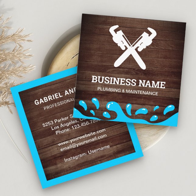 Handyman Plumbing Pipe Wrench Rustic Wood Plumber Square Business Card (Creator Uploaded)