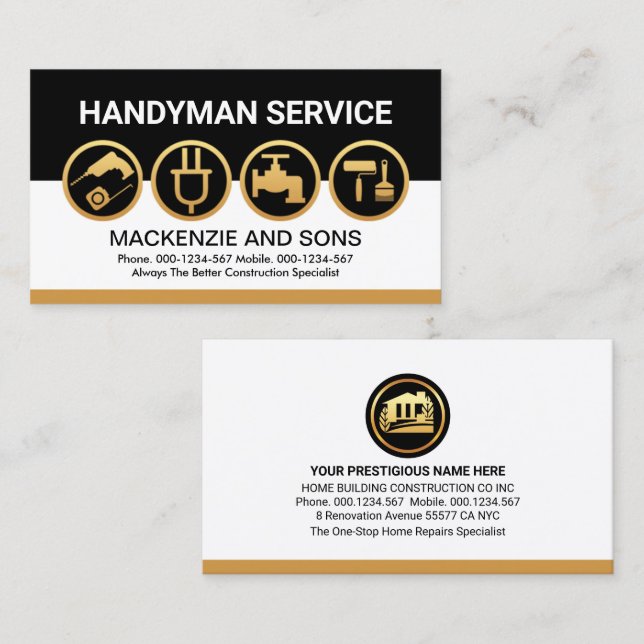 Handyman Tools On Black Brown Layers Business Card (Front/Back)