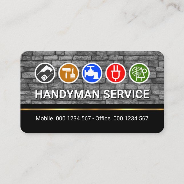 Handyman Tools On Bricks Gold Line Business Card (Front)