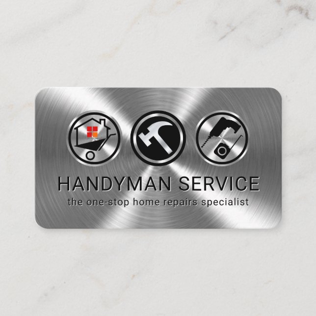 Handyman Tools On Silver Metallic Layer Business Card (Front)