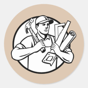 Handyman Tradesman Repairman Carpenter with Tools  Classic Round Sticker