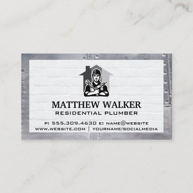 Handyman with Tools | Brick Wall Metal Rivets Business Card (Front)