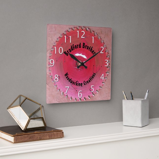 Handyman Woodworking Red Saw Blade Custom Name Square Wall Clock (Office)