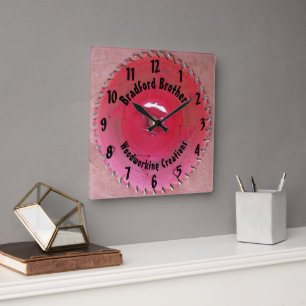 Handyman Woodworking Red Saw Blade Custom Name Square Wall Clock