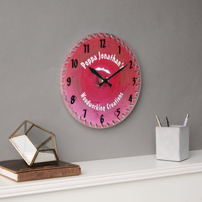 Handyman Woodworking Red Saw Blade Personalized Large Clock (Office)