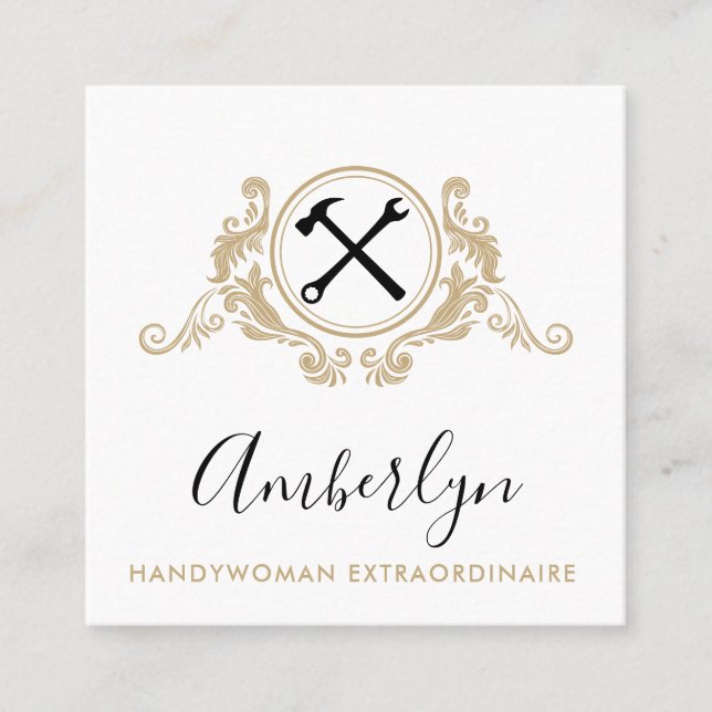 Handywoman Custom Logo QR Code Gold Black Square Business Card (Front)