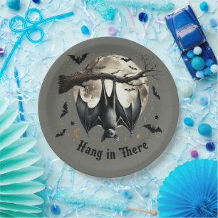 Hang in There Funny Vintage Bat Halloween Paper Plate
