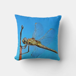 Hang On Artistic Dragonfly Against Cerulean Blue Throw Pillow