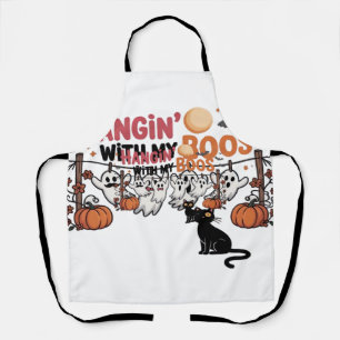 Hangin With My Boos Ghost Holding Black Cat Funny Apron